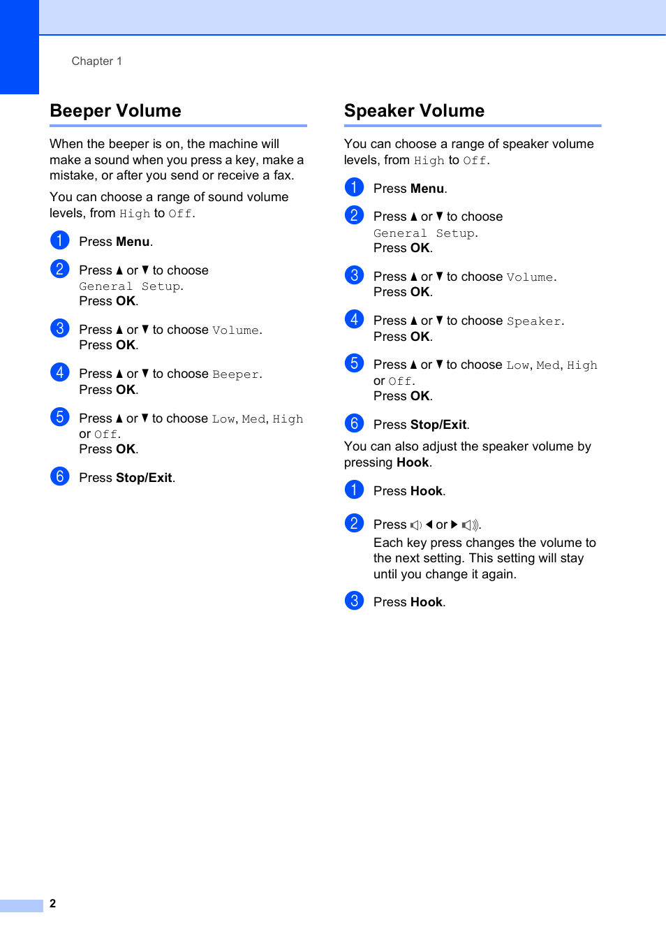 Beeper volume, Speaker volume, Beeper volume speaker volume | Brother MFC-J470DW User Manual | Page 8 / 57
