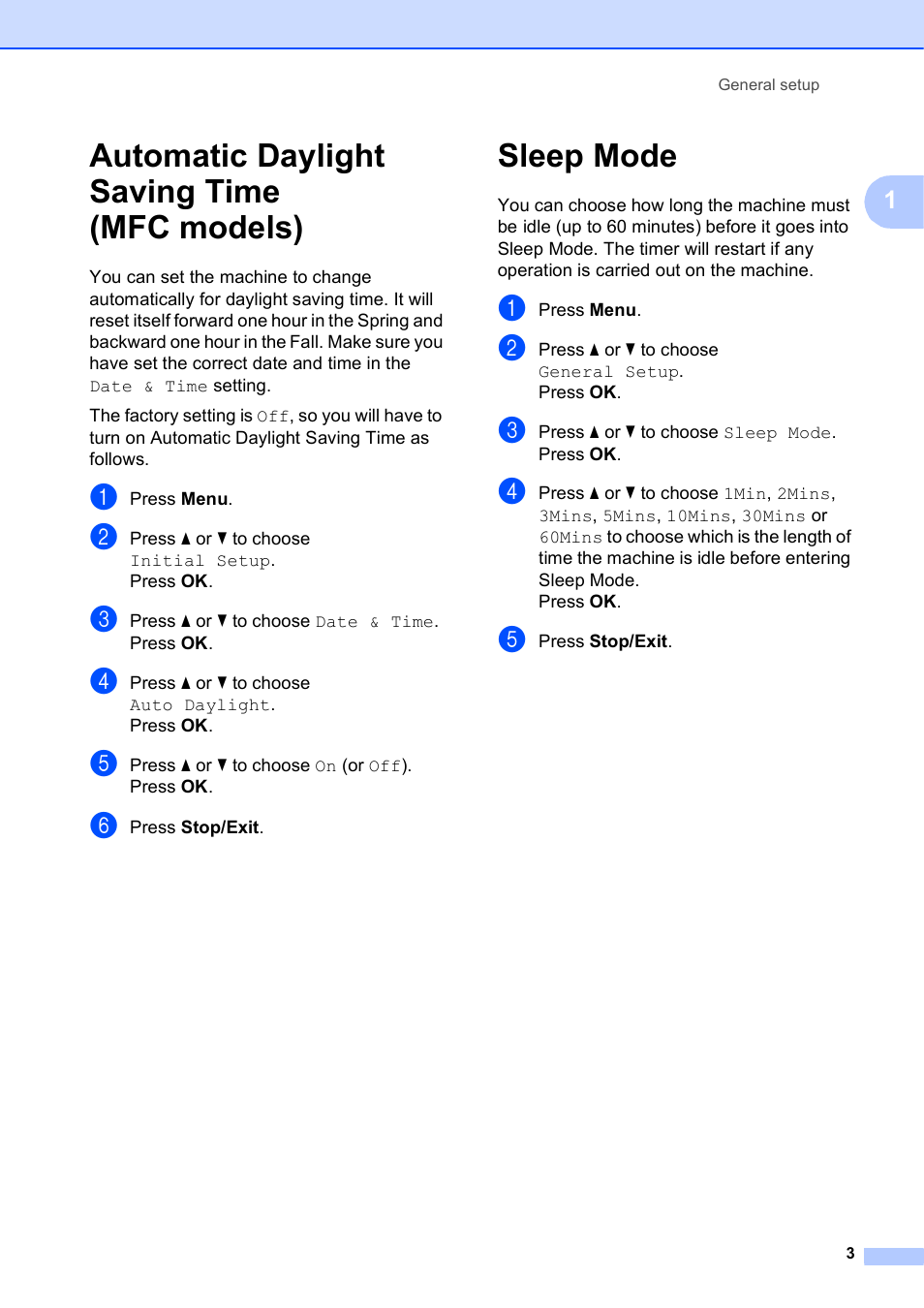 Automatic daylight saving time (mfc models), Sleep mode | Brother MFC-J470DW User Manual | Page 9 / 57