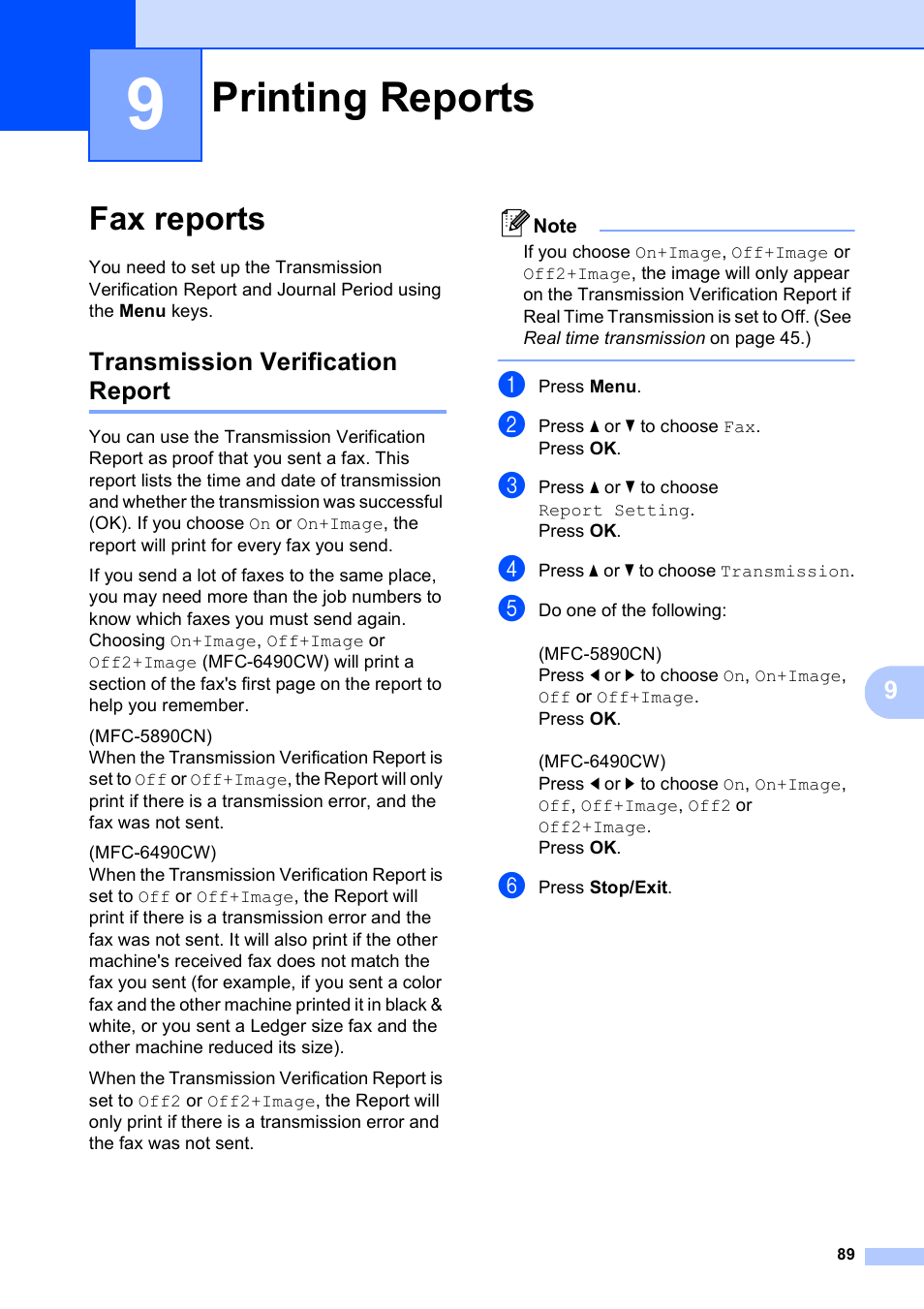 9 printing reports, Fax reports, Transmission verification report | Printing reports | Brother MFC-5890CN User Manual | Page 105 / 247