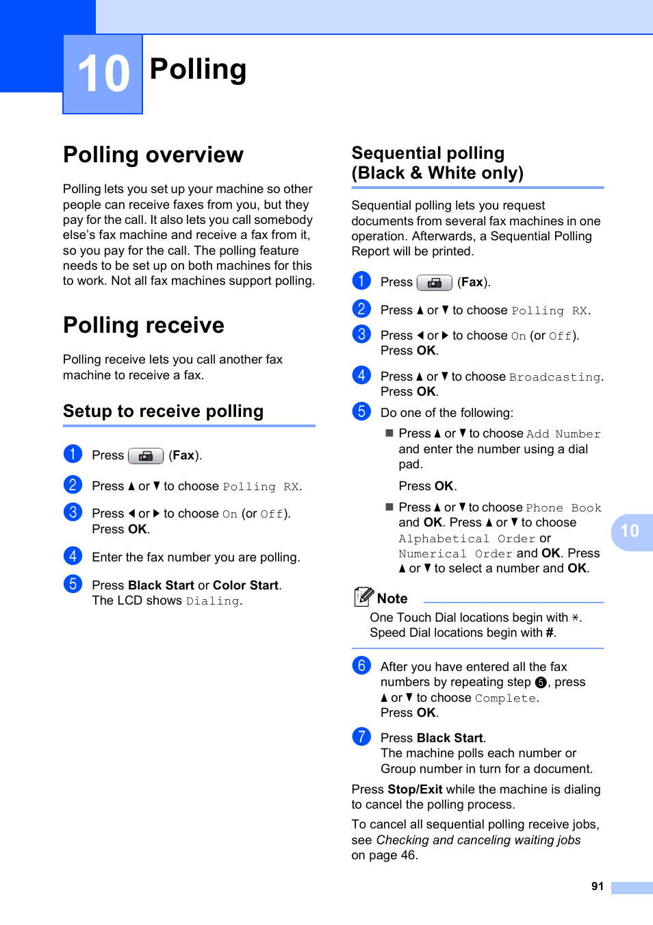 10 polling, Polling overview, Polling receive | Setup to receive polling, Sequential polling (black & white only), Polling, Polling overview polling receive | Brother MFC-5890CN User Manual | Page 107 / 247