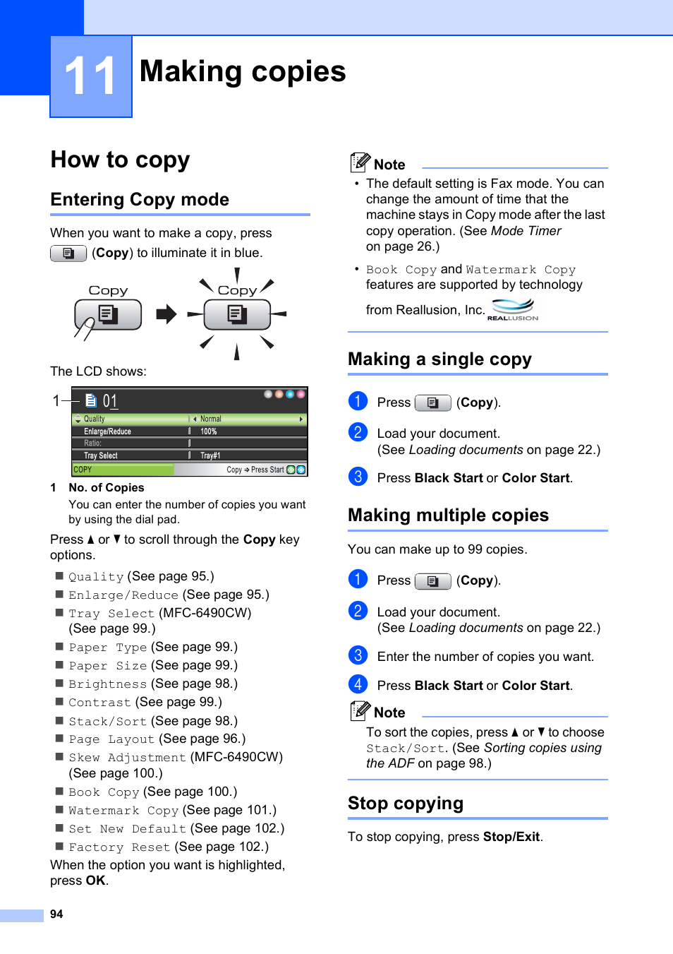 11 making copies, How to copy, Entering copy mode | Making a single copy, Making multiple copies, Stop copying, Making copies | Brother MFC-5890CN User Manual | Page 110 / 247