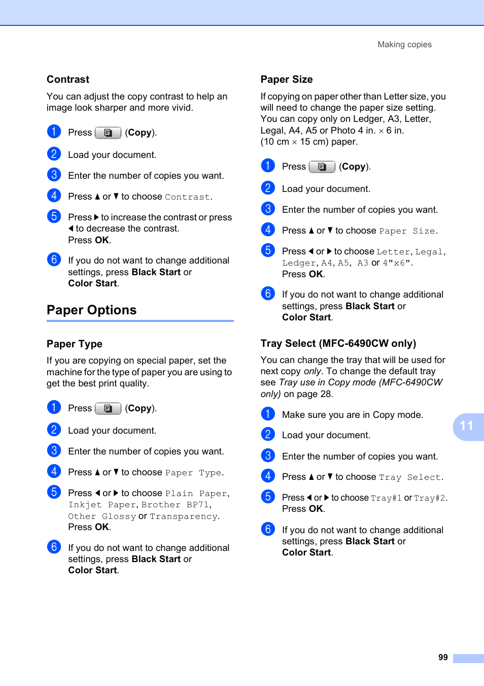 Contrast, Paper options, Paper type | Paper size, Tray select (mfc-6490cw only) | Brother MFC-5890CN User Manual | Page 115 / 247