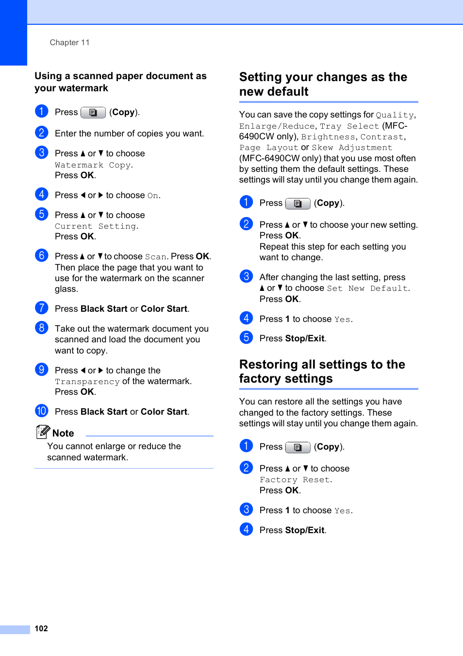 Using a scanned paper document as your watermark, Setting your changes as the new default, Restoring all settings to the factory settings | Brother MFC-5890CN User Manual | Page 118 / 247