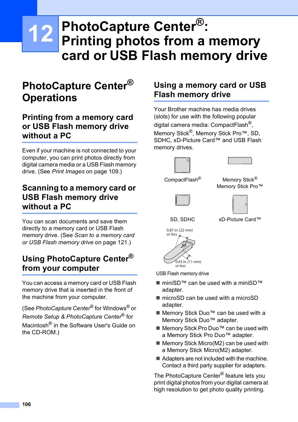 Photocapture center® operations, Using photocapture center® from your computer, Using a memory card or usb flash memory drive | Photocapture center, Printing photos from a memory card or, Usb flash memory drive, Operations, From your computer, Using photocapture center | Brother MFC-5890CN User Manual | Page 122 / 247