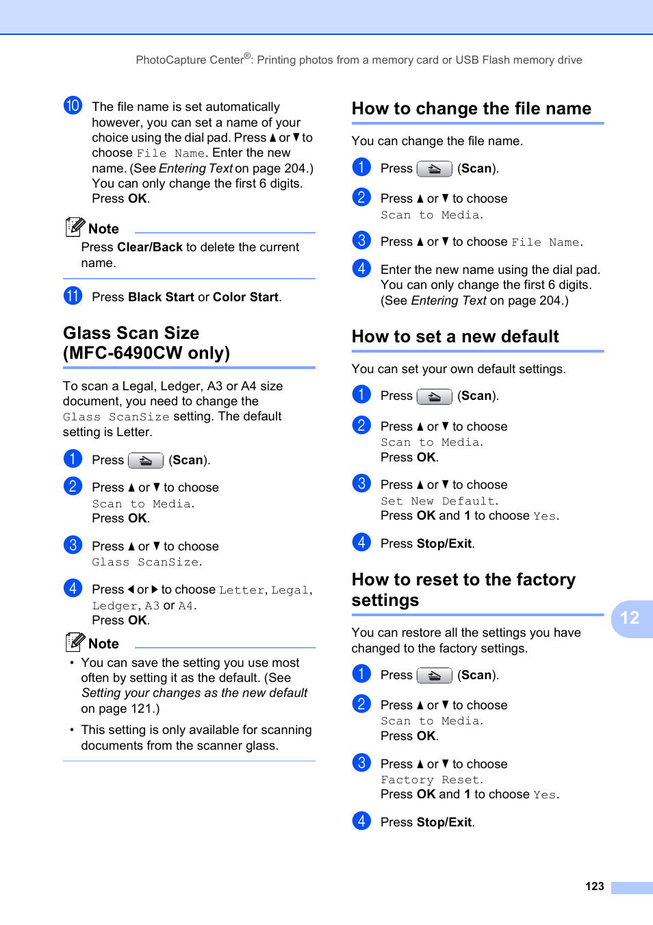 Glass scan size (mfc-6490cw only), How to change the file name, How to set a new default | How to reset to the factory settings | Brother MFC-5890CN User Manual | Page 139 / 247