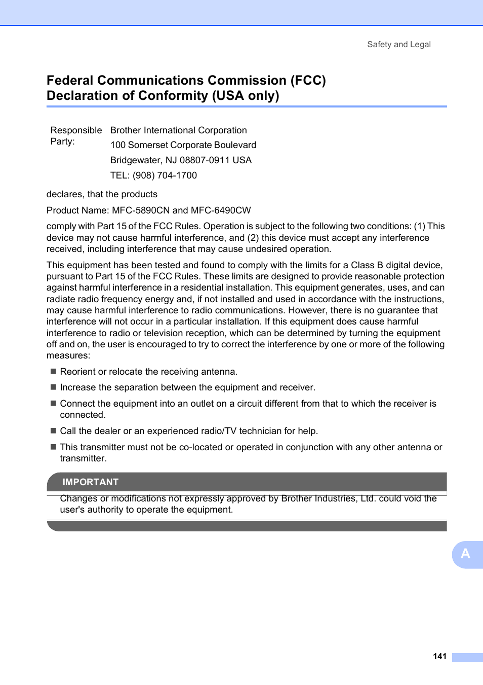 Federal communications commission (fcc), Declaration of conformity (usa only) | Brother MFC-5890CN User Manual | Page 157 / 247