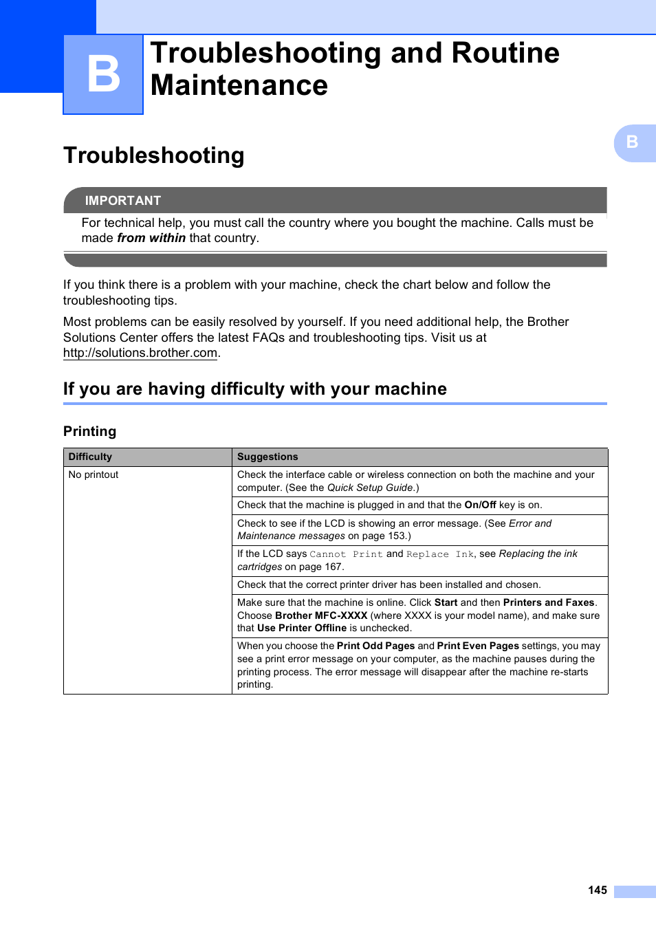 B troubleshooting and routine maintenance, Troubleshooting, If you are having difficulty with your machine | Troubleshooting and routine maintenance | Brother MFC-5890CN User Manual | Page 161 / 247