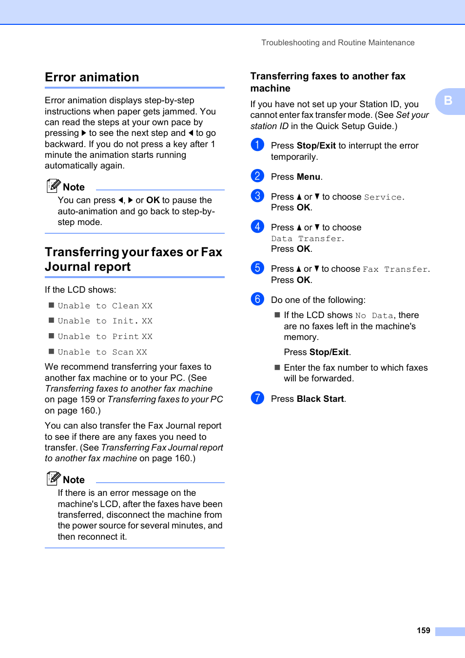 Error animation, Transferring your faxes or fax journal report, Transferring faxes to another fax machine | Berror animation | Brother MFC-5890CN User Manual | Page 175 / 247