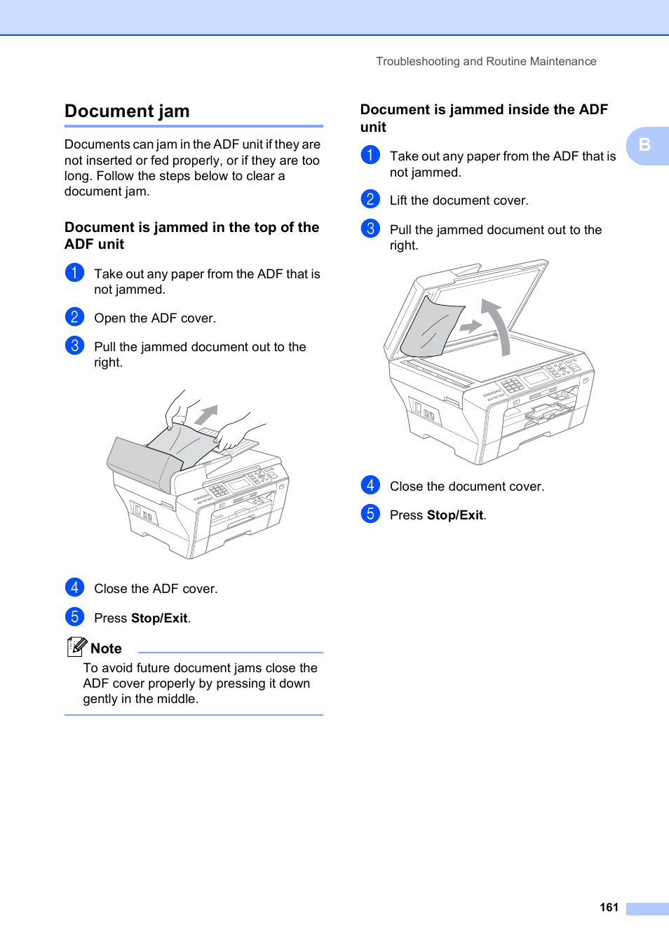 Document jam, Document is jammed in the top of the adf unit, Document is jammed inside the adf unit | Bdocument jam | Brother MFC-5890CN User Manual | Page 177 / 247