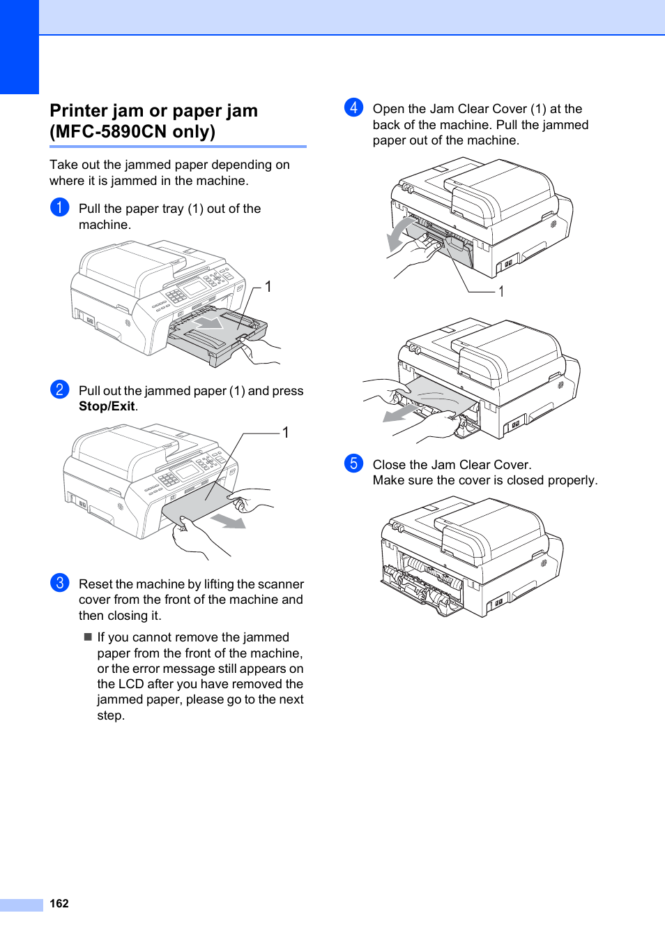 Printer jam or paper jam (mfc-5890cn only) | Brother MFC-5890CN User Manual | Page 178 / 247