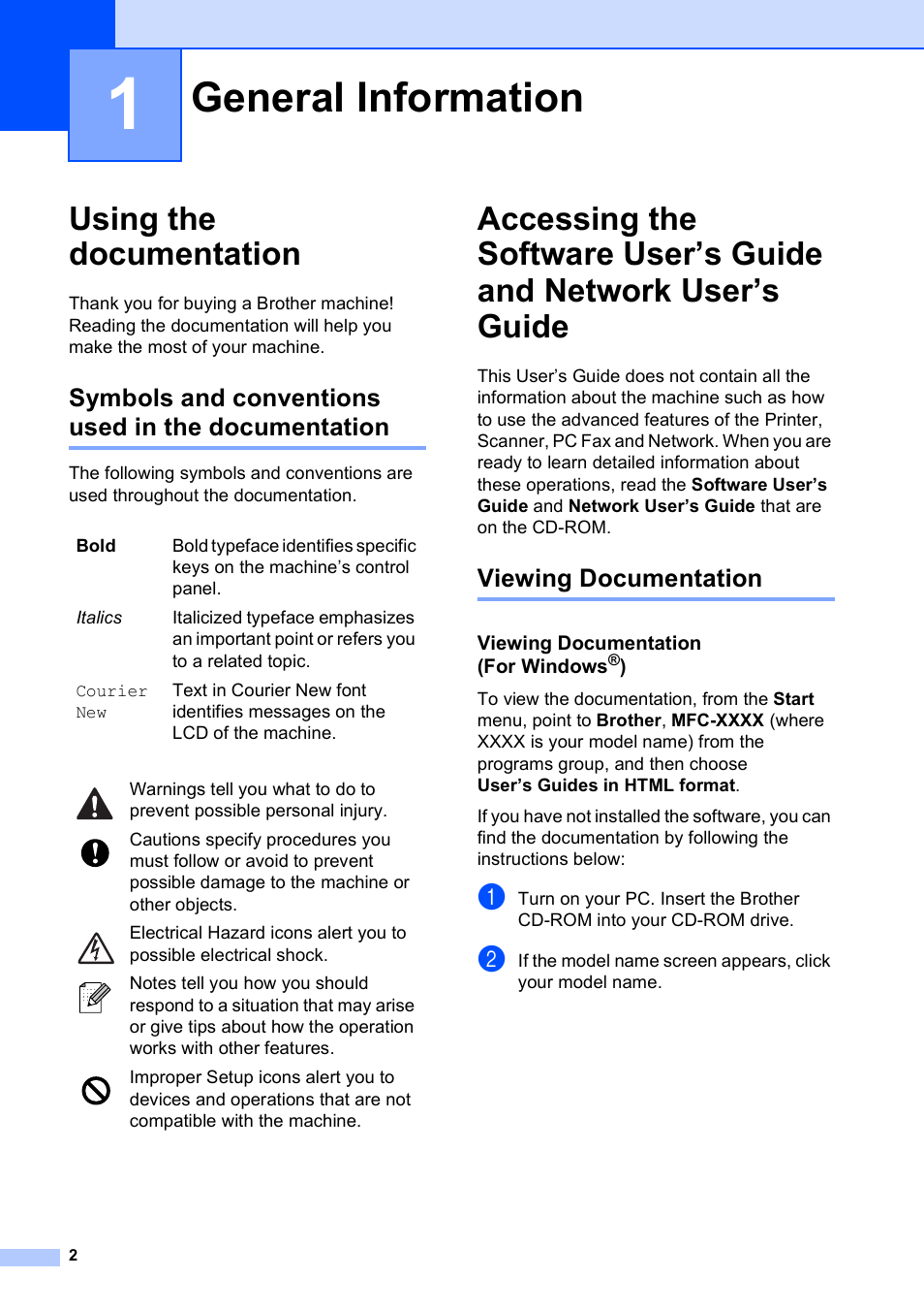 1 general information, Using the documentation, Symbols and conventions used in the documentation | Viewing documentation, Viewing documentation (for windows®), General information | Brother MFC-5890CN User Manual | Page 18 / 247