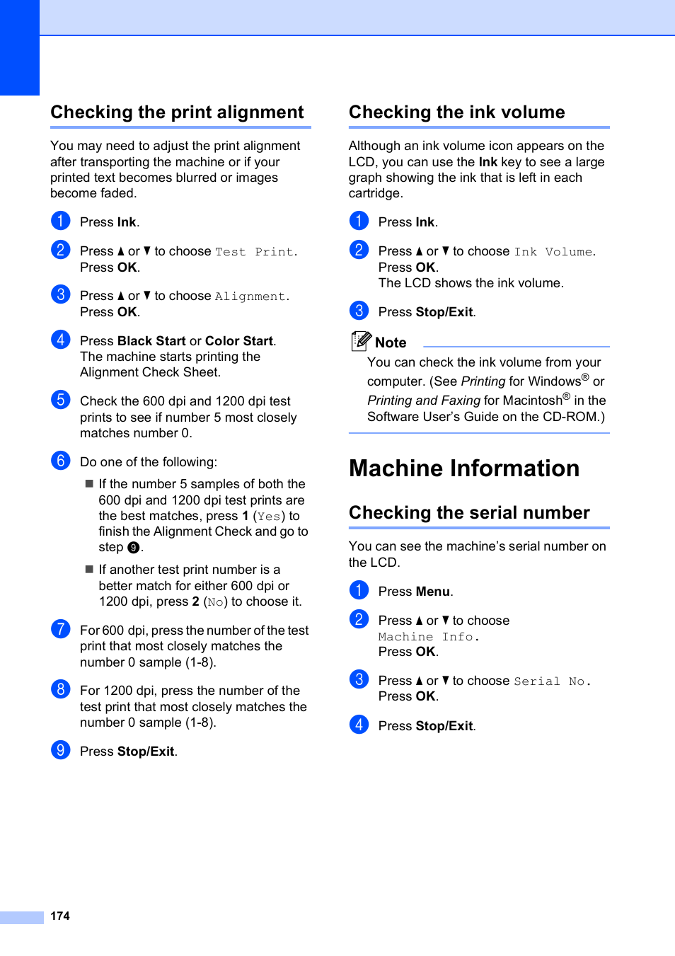 Checking the print alignment, Checking the ink volume, Machine information | Checking the serial number | Brother MFC-5890CN User Manual | Page 190 / 247