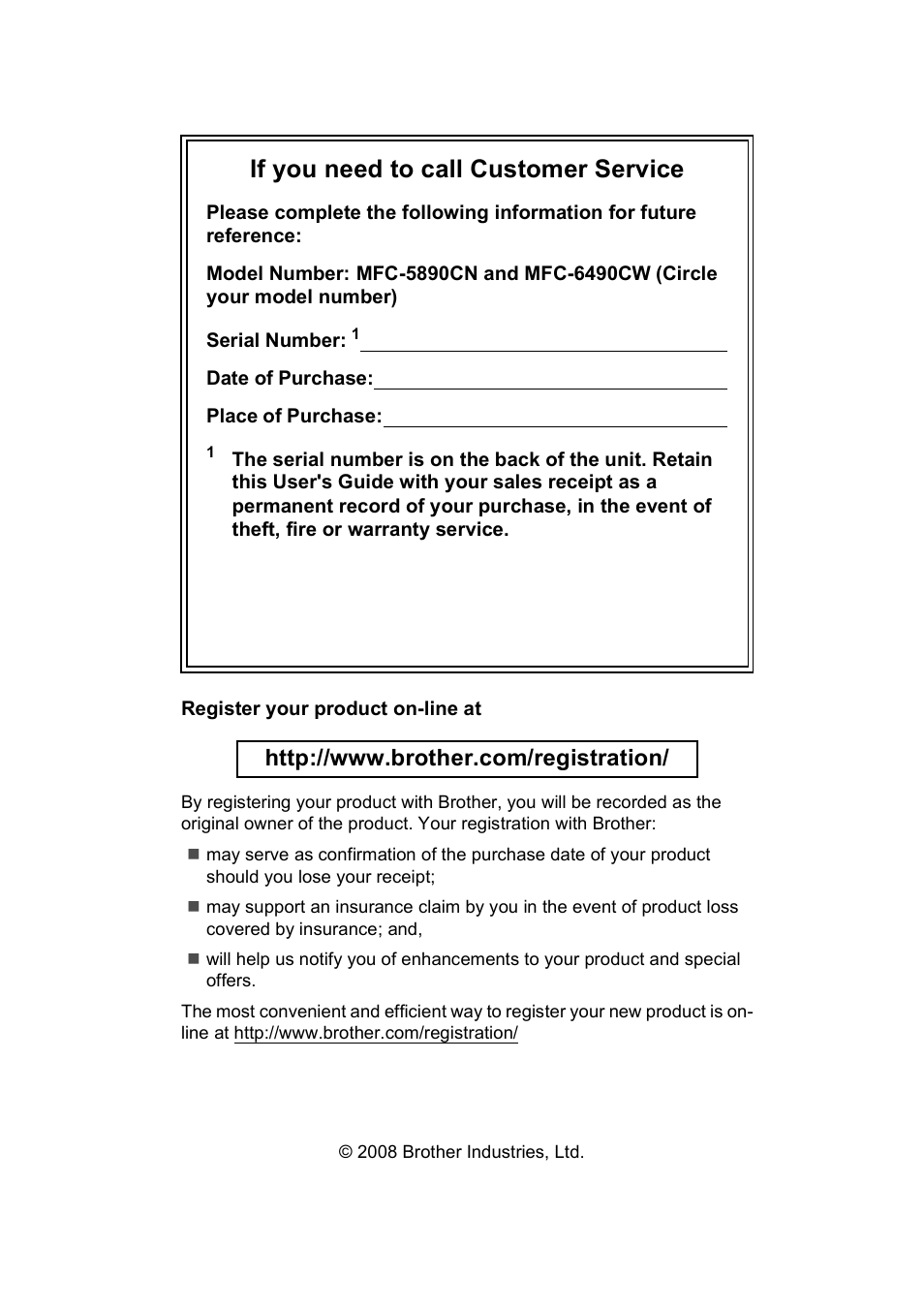 If you need to call customer service | Brother MFC-5890CN User Manual | Page 2 / 247