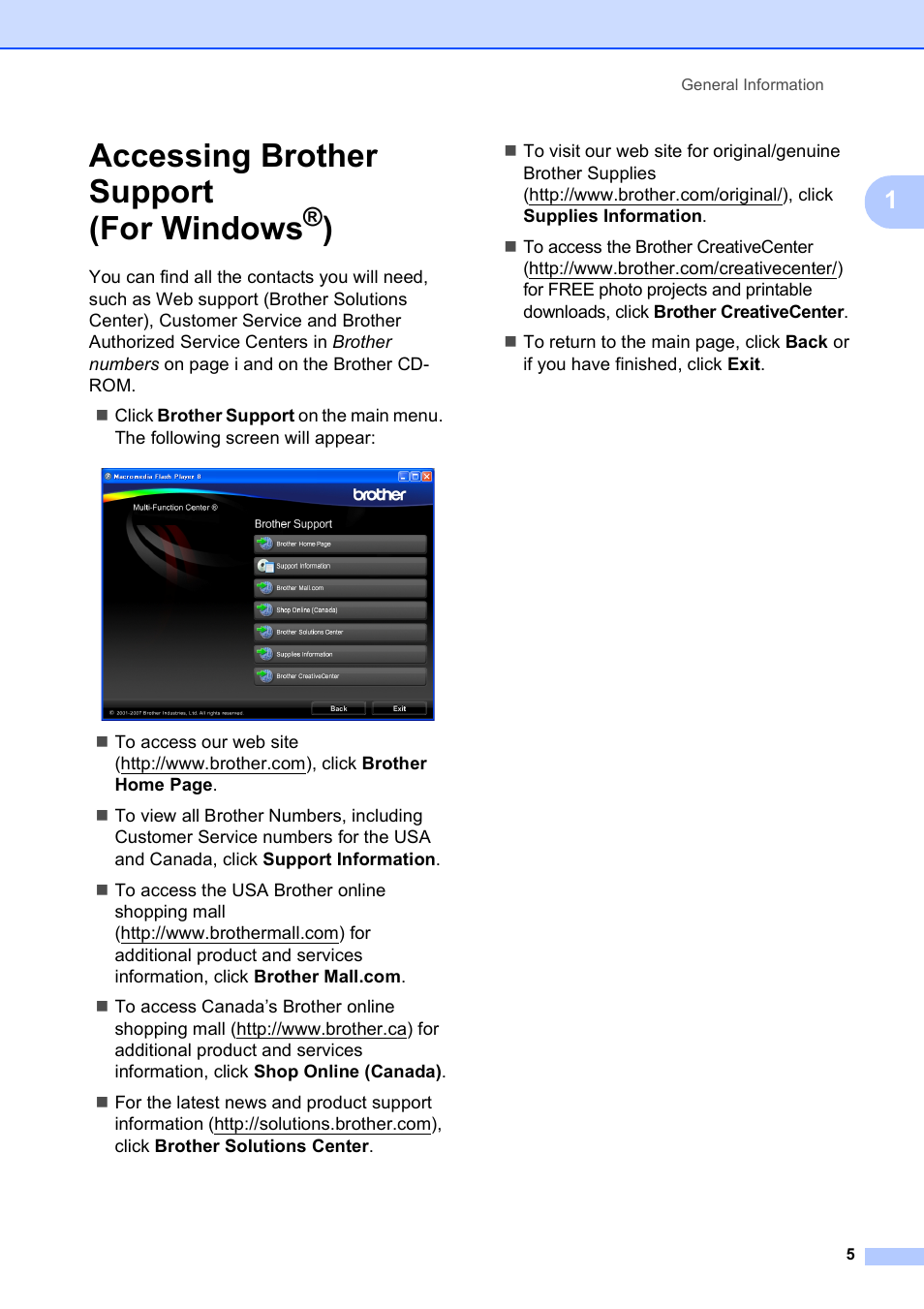 Accessing brother support (for windows®), Accessing brother support (for windows | Brother MFC-5890CN User Manual | Page 21 / 247