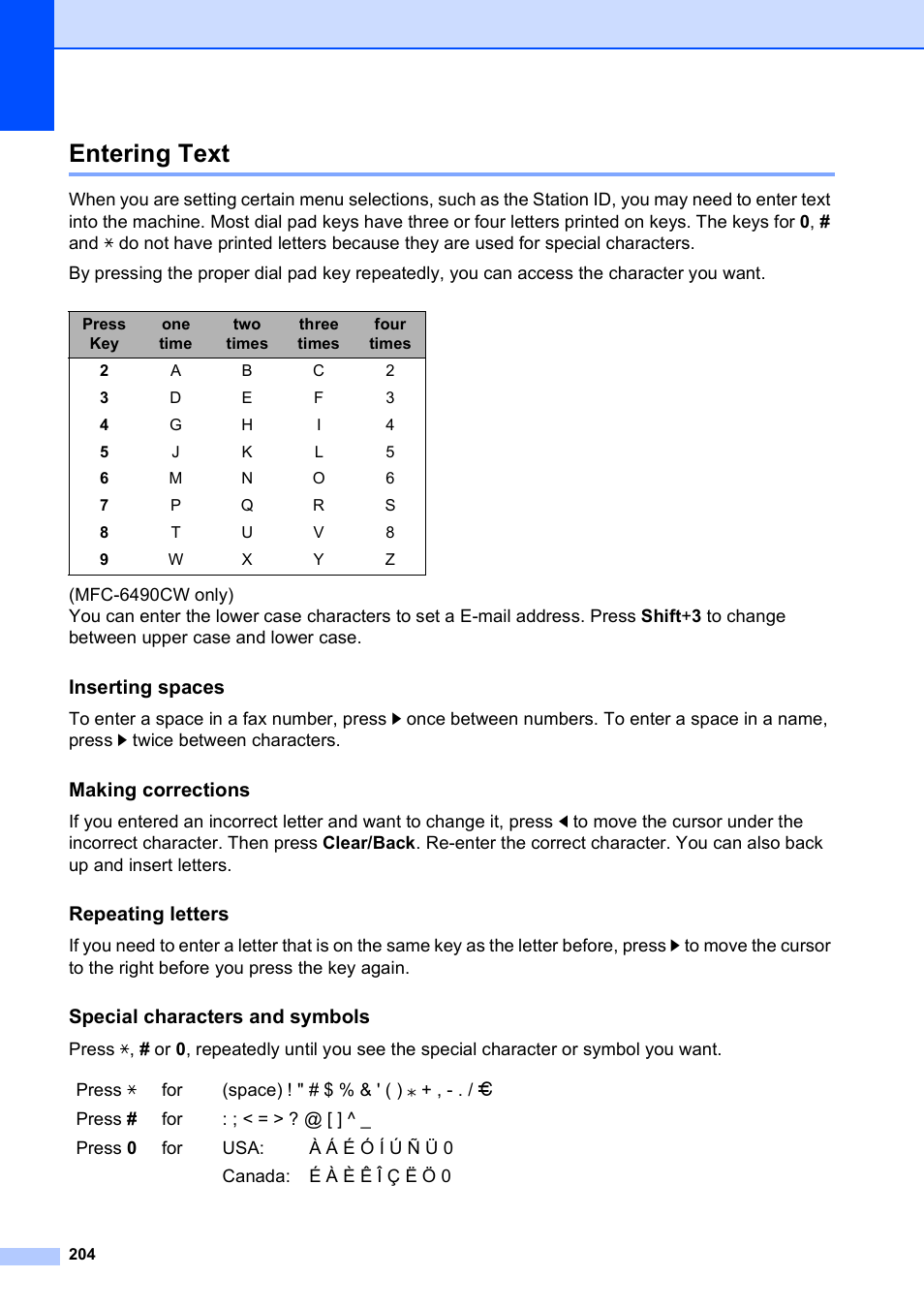 Entering text, Inserting spaces, Making corrections | Repeating letters, Special characters and symbols | Brother MFC-5890CN User Manual | Page 220 / 247