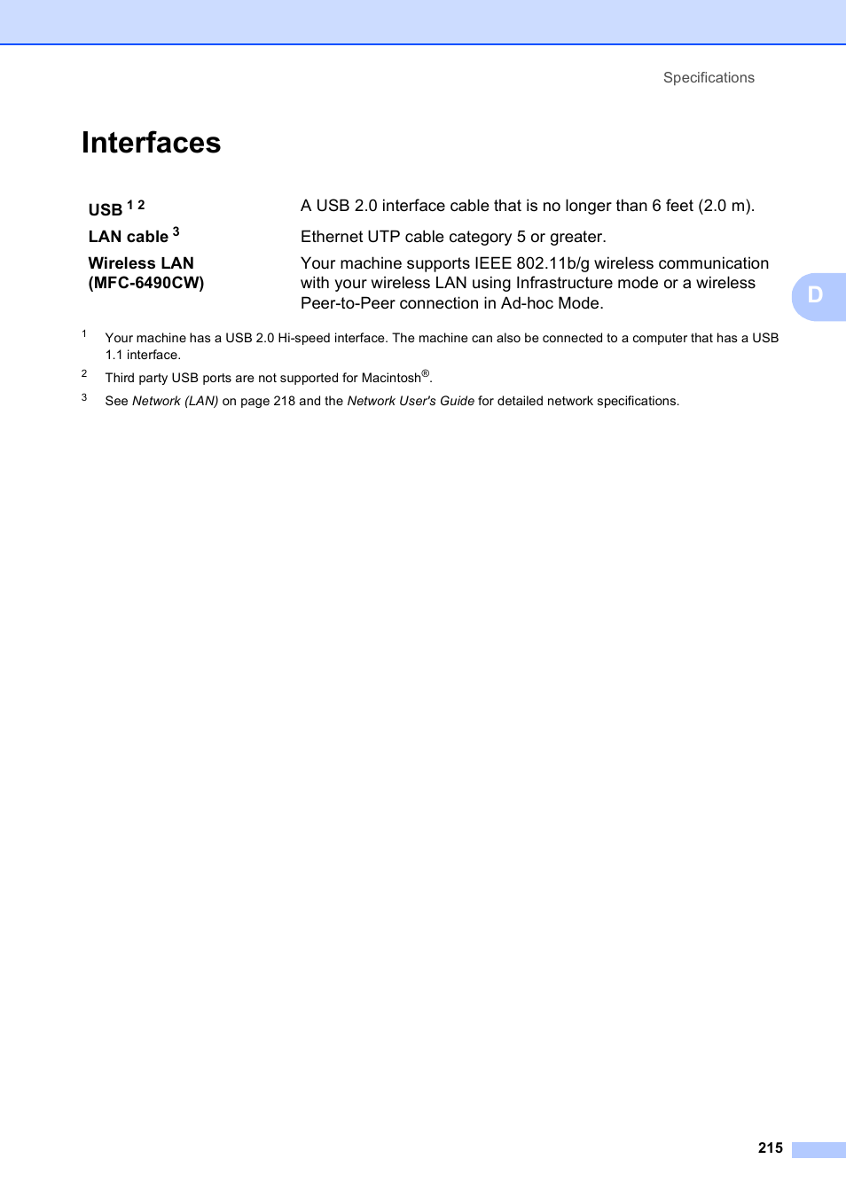 Interfaces | Brother MFC-5890CN User Manual | Page 231 / 247