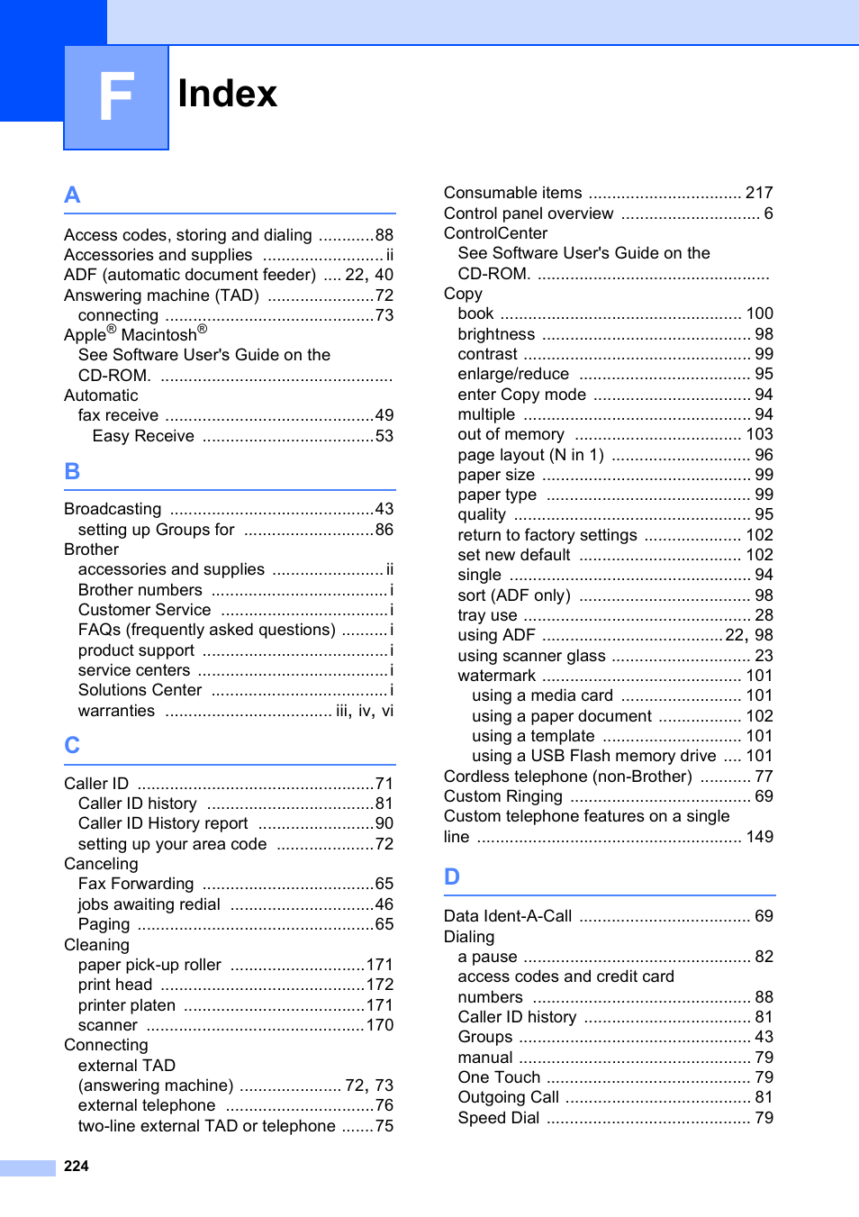 Index | Brother MFC-5890CN User Manual | Page 240 / 247