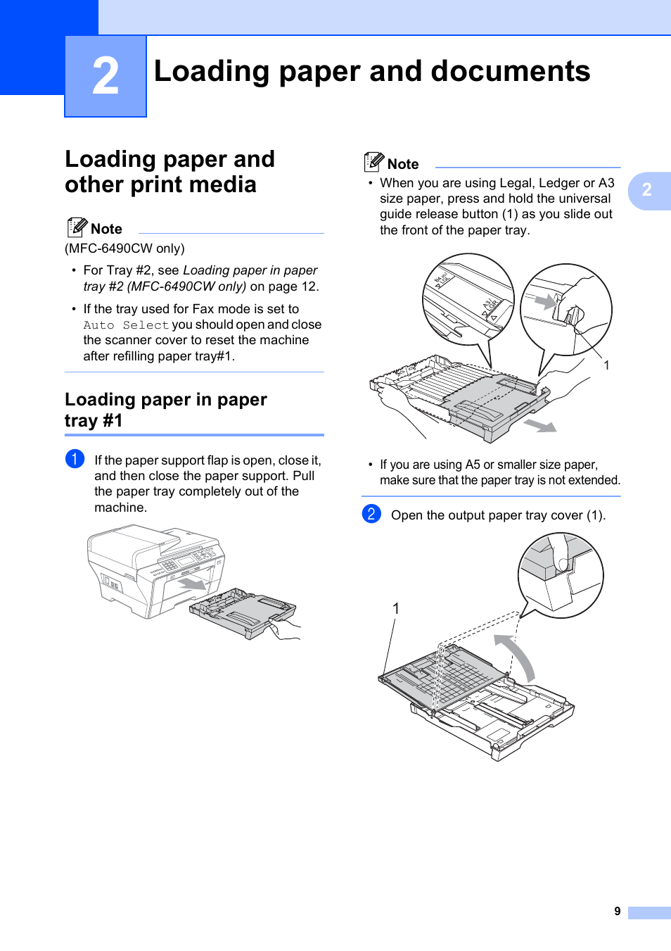 2 loading paper and documents, Loading paper and other print media, Loading paper in paper tray #1 | Loading paper and documents | Brother MFC-5890CN User Manual | Page 25 / 247