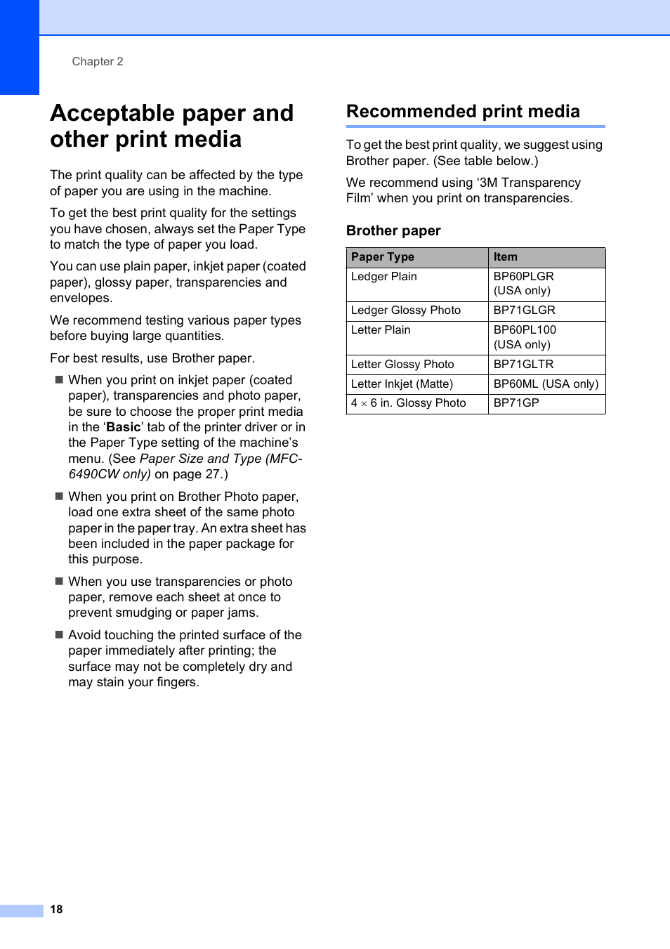 Acceptable paper and other print media, Recommended print media | Brother MFC-5890CN User Manual | Page 34 / 247