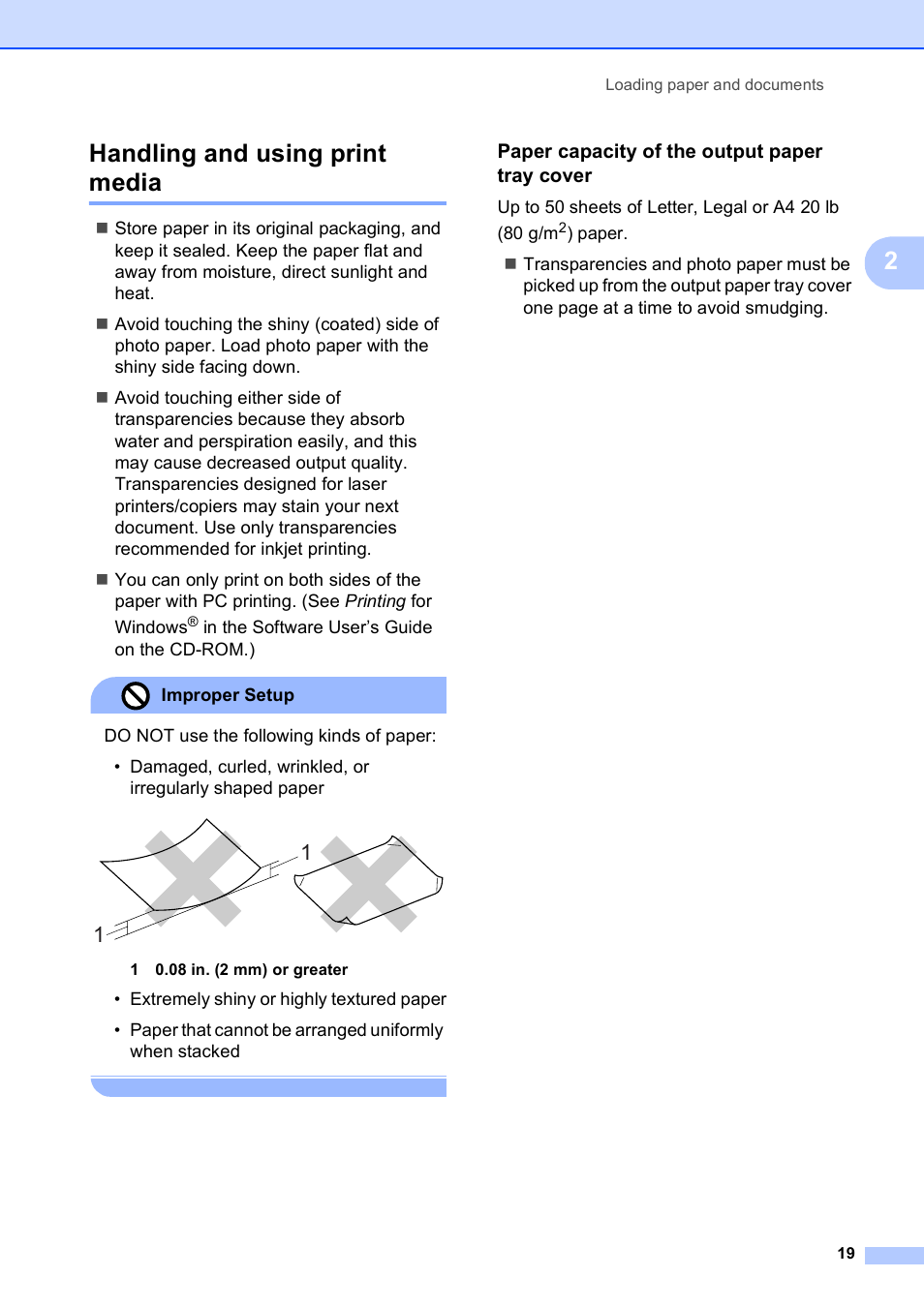 Handling and using print media, Paper capacity of the output paper tray cover, 2handling and using print media | Brother MFC-5890CN User Manual | Page 35 / 247