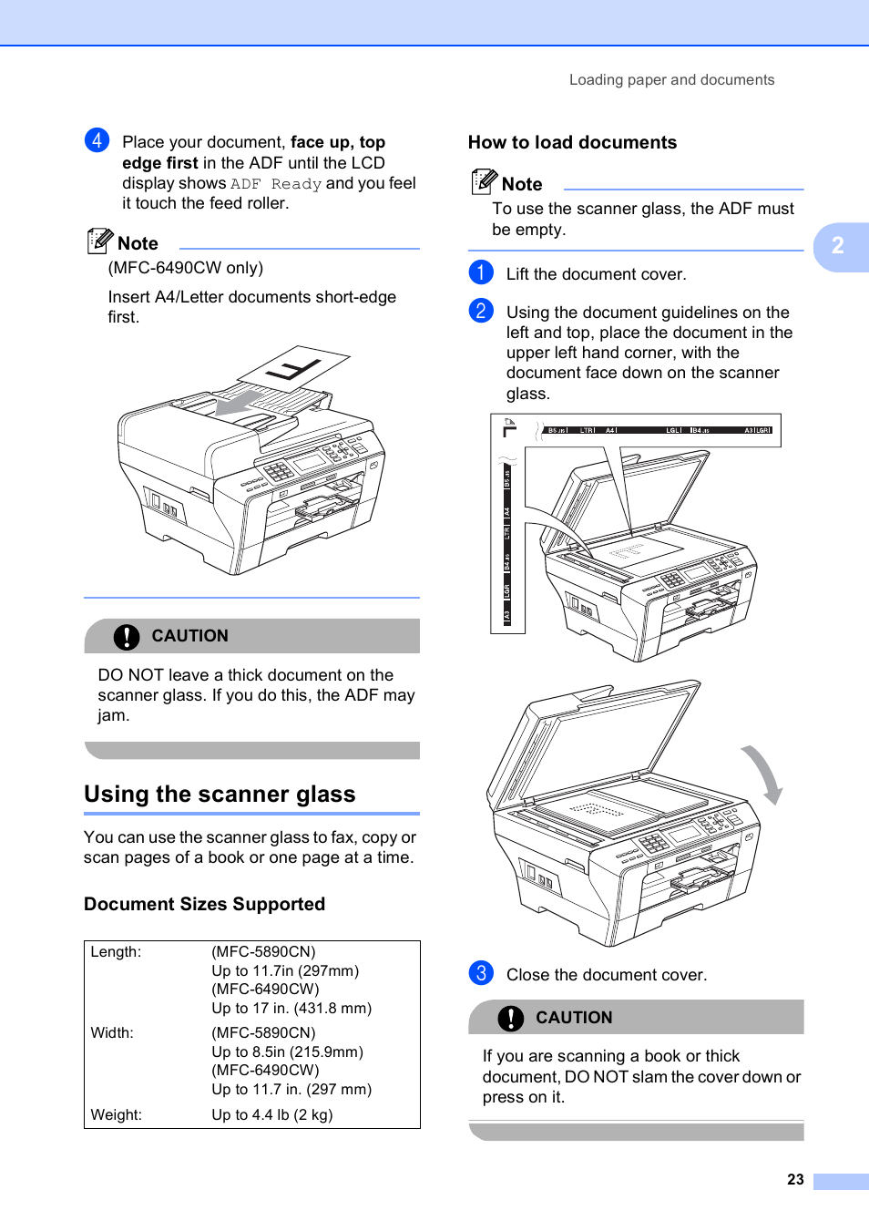 Using the scanner glass, Document sizes supported, How to load documents | Brother MFC-5890CN User Manual | Page 39 / 247