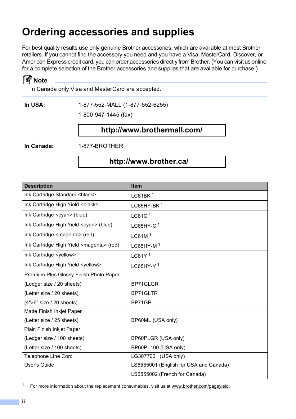 Ordering accessories and supplies | Brother MFC-5890CN User Manual | Page 4 / 247