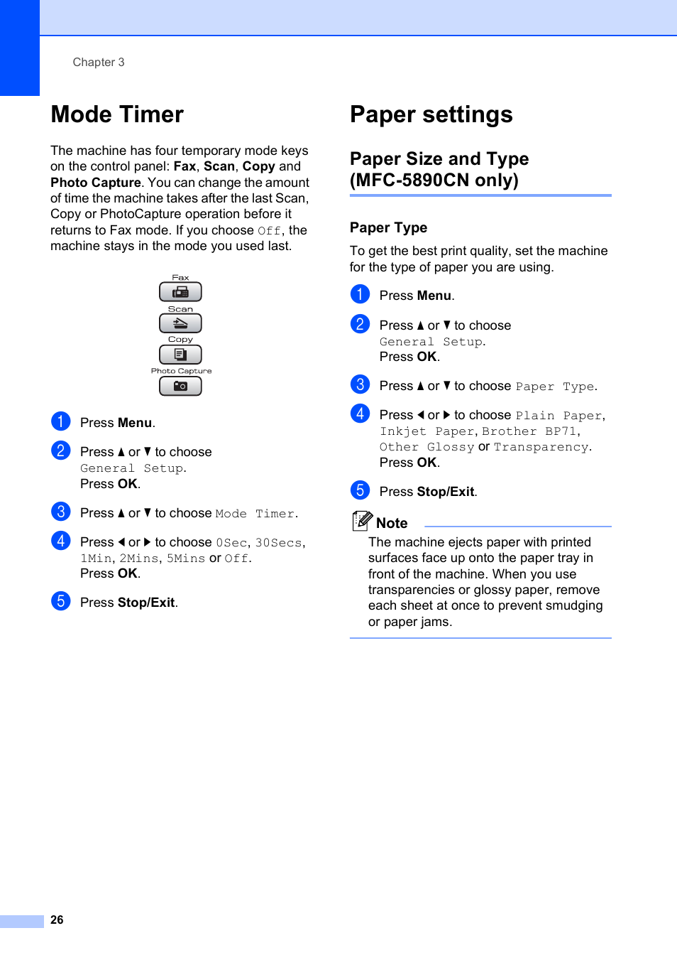 Mode timer, Paper settings, Paper size and type (mfc-5890cn only) | Paper type, Mode timer paper settings | Brother MFC-5890CN User Manual | Page 42 / 247