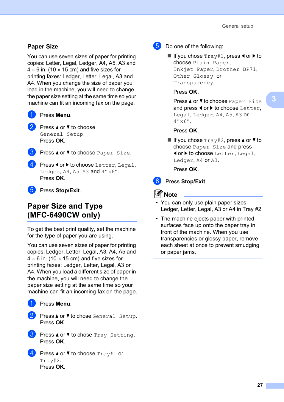 Paper size, Paper size and type (mfc-6490cw only) | Brother MFC-5890CN User Manual | Page 43 / 247