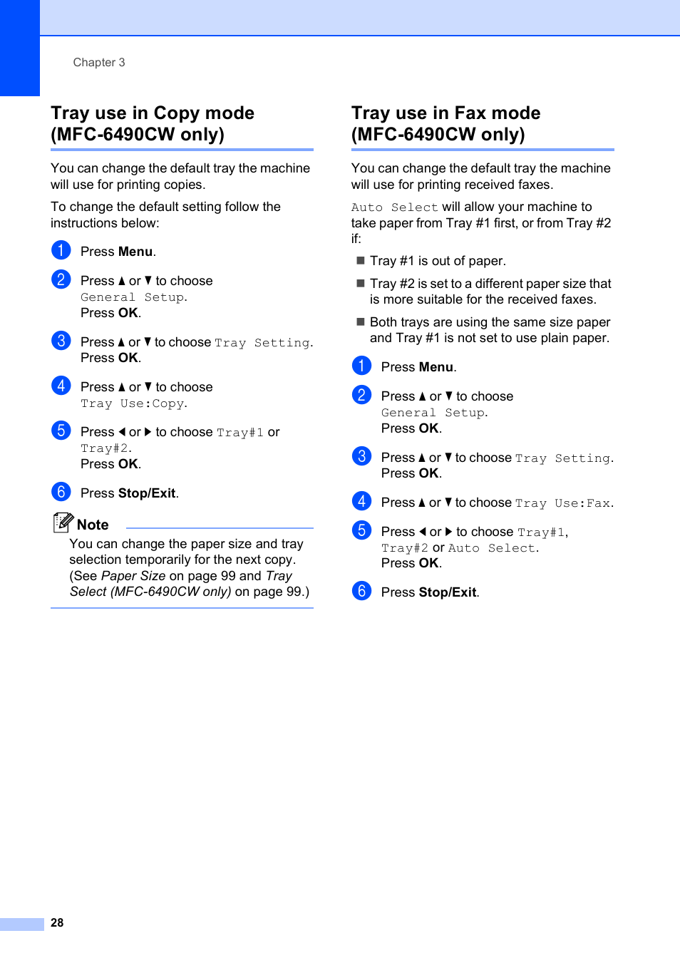 Tray use in copy mode (mfc-6490cw only), Tray use in fax mode (mfc-6490cw only) | Brother MFC-5890CN User Manual | Page 44 / 247