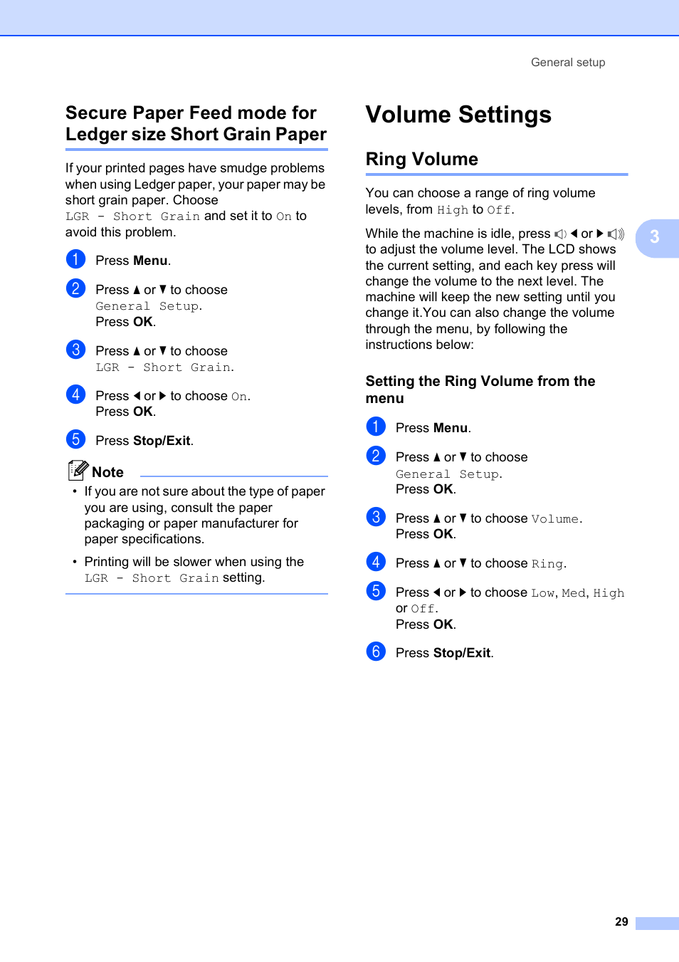 Volume settings, Ring volume, Setting the ring volume from the menu | Brother MFC-5890CN User Manual | Page 45 / 247