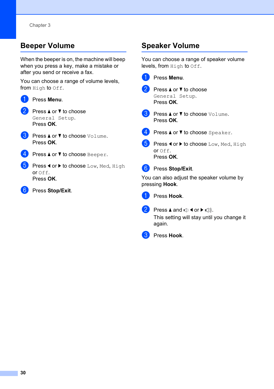 Beeper volume, Speaker volume, Beeper volume speaker volume | Brother MFC-5890CN User Manual | Page 46 / 247