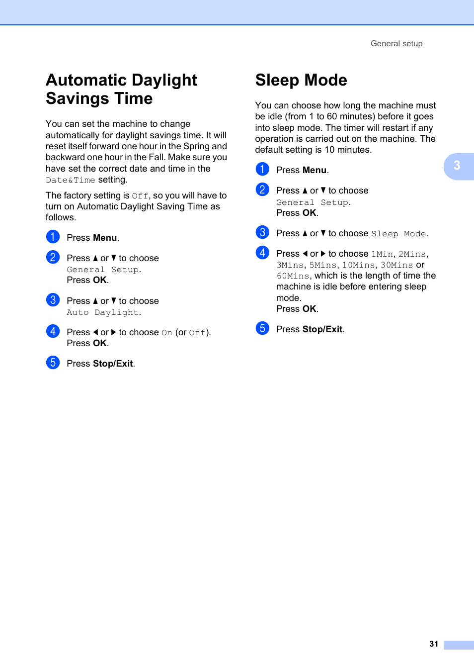 Automatic daylight savings time, Sleep mode | Brother MFC-5890CN User Manual | Page 47 / 247