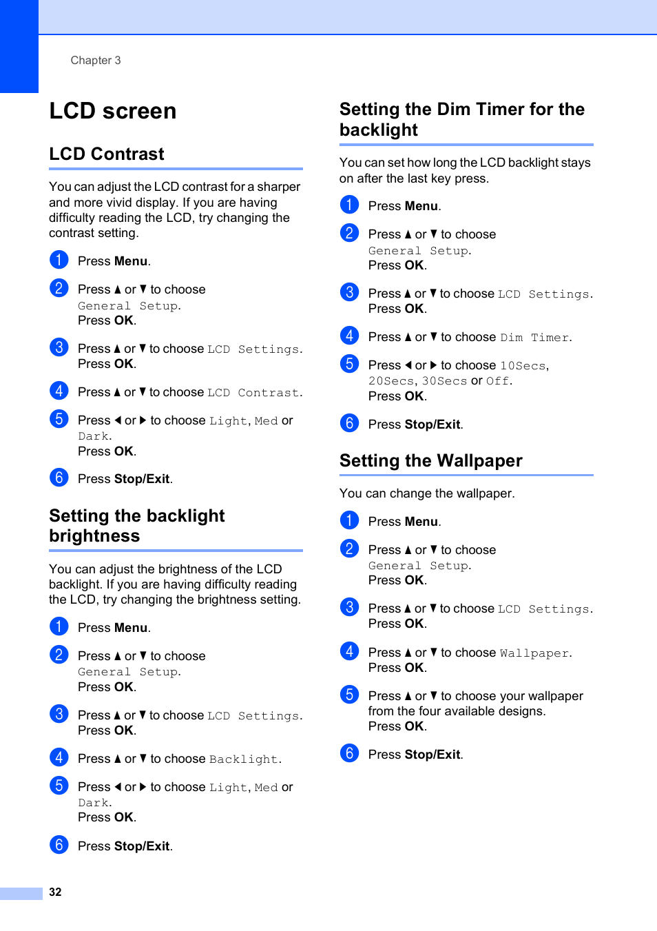 Lcd screen, Lcd contrast, Setting the backlight brightness | Setting the dim timer for the backlight, Setting the wallpaper | Brother MFC-5890CN User Manual | Page 48 / 247