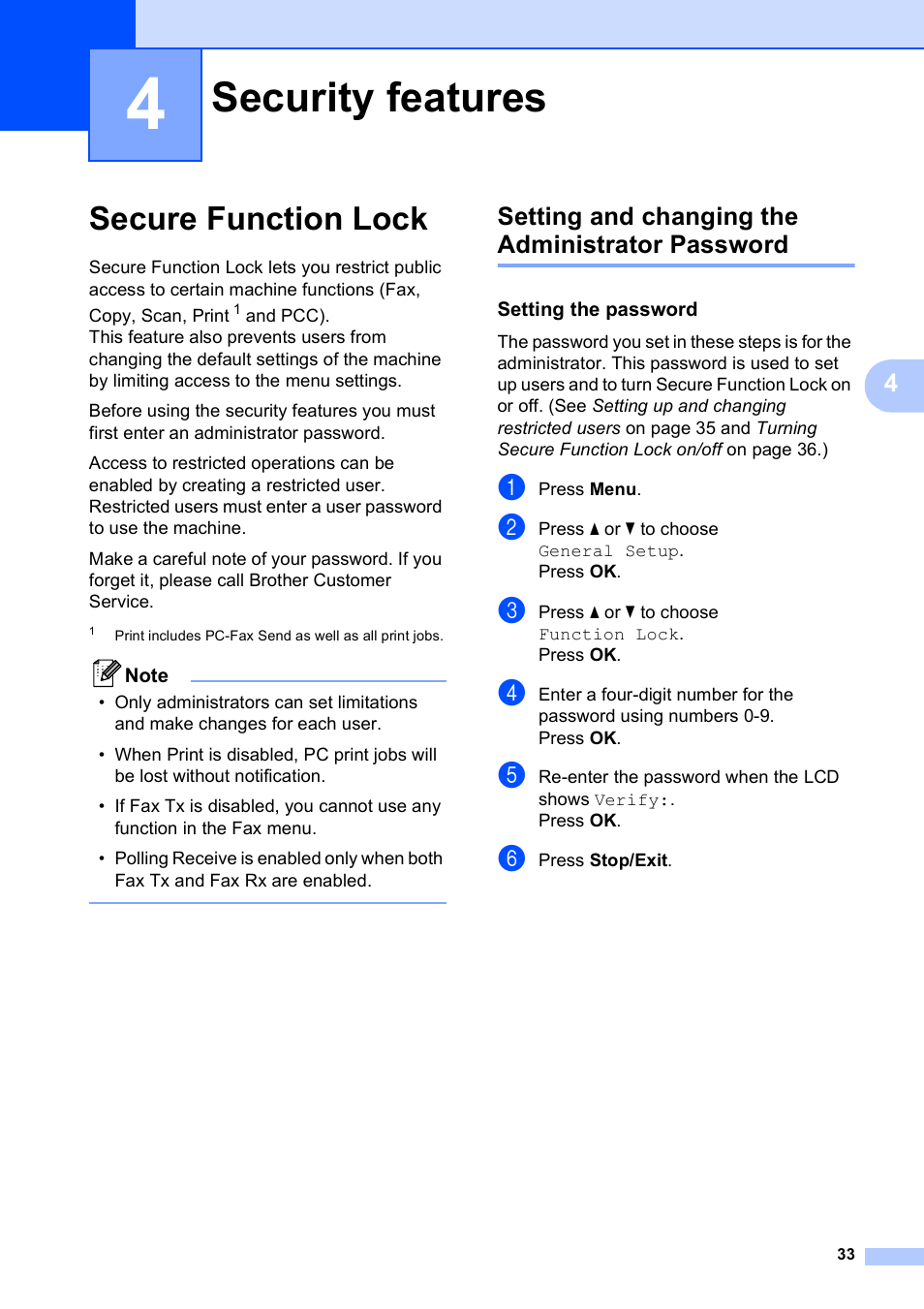 4 security features, Secure function lock, Setting and changing the administrator password | Setting the password, Security features | Brother MFC-5890CN User Manual | Page 49 / 247