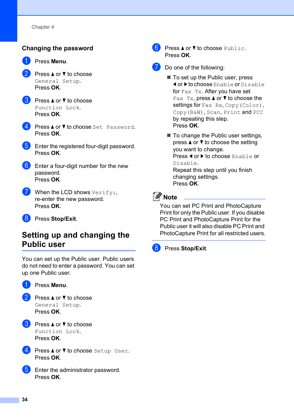 Changing the password, Setting up and changing the public user | Brother MFC-5890CN User Manual | Page 50 / 247