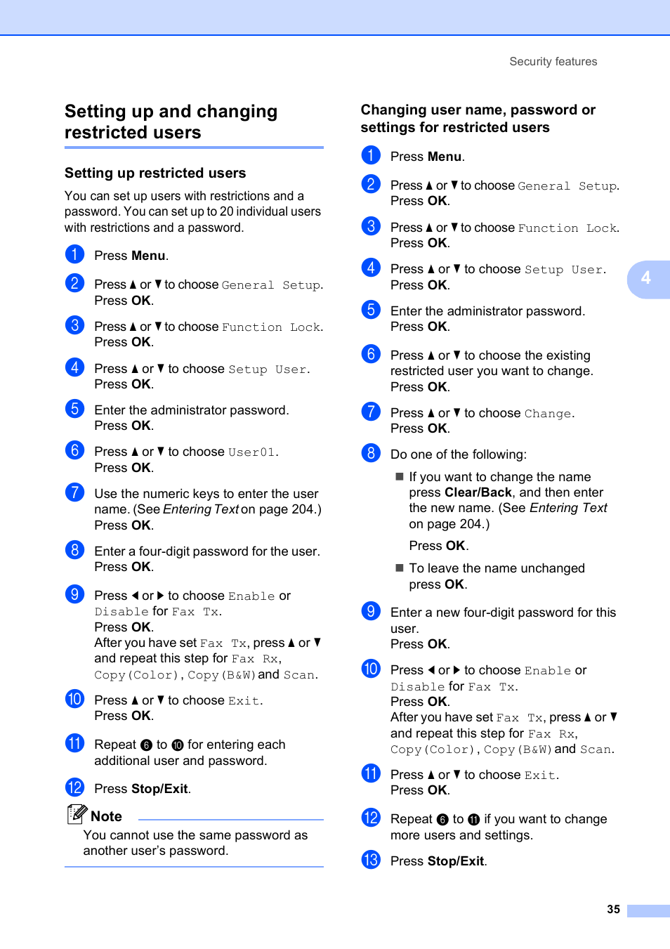 Setting up and changing restricted users, Setting up restricted users, 4setting up and changing restricted users | Brother MFC-5890CN User Manual | Page 51 / 247