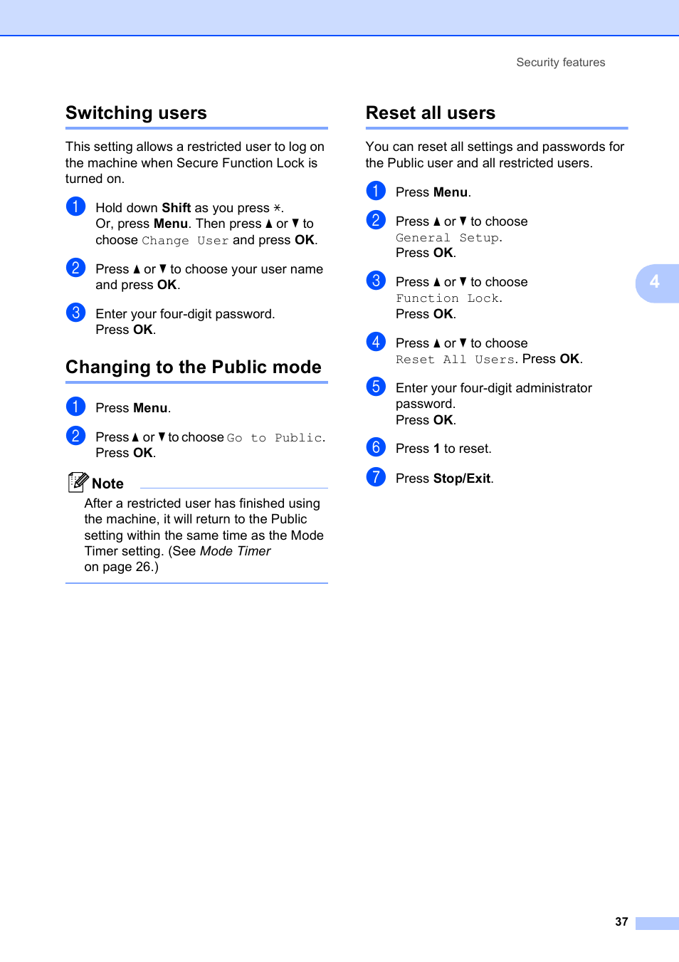 Switching users, Changing to the public mode, Reset all users | 4switching users | Brother MFC-5890CN User Manual | Page 53 / 247