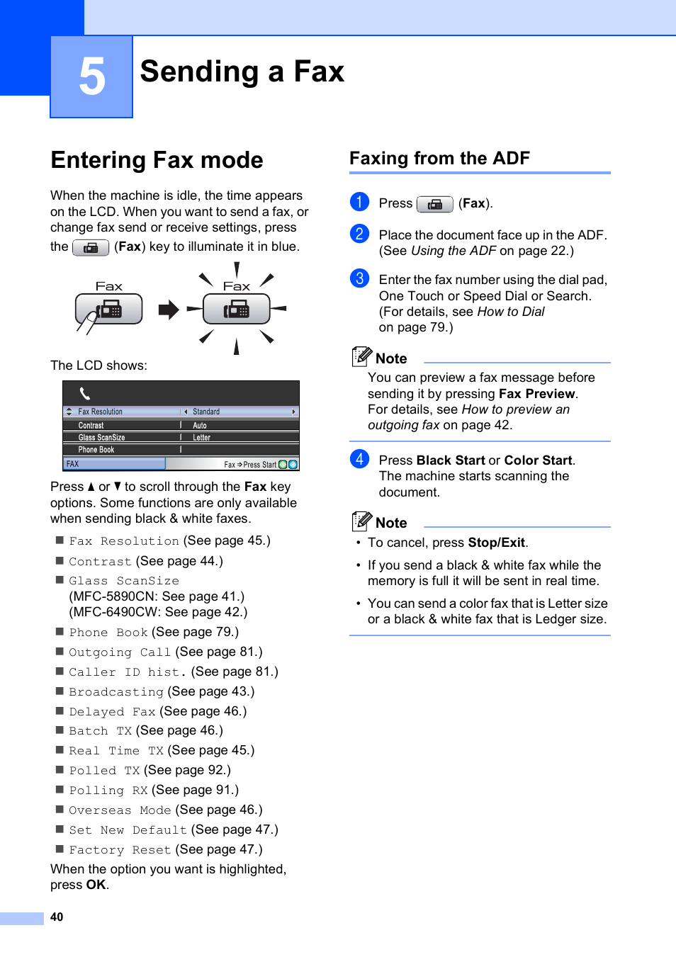 5 sending a fax, Entering fax mode, Faxing from the adf | Sending a fax | Brother MFC-5890CN User Manual | Page 56 / 247