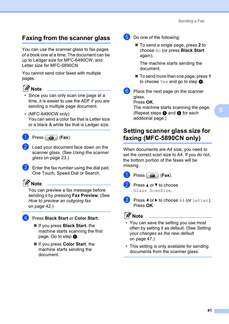 Faxing from the scanner glass, 5faxing from the scanner glass | Brother MFC-5890CN User Manual | Page 57 / 247