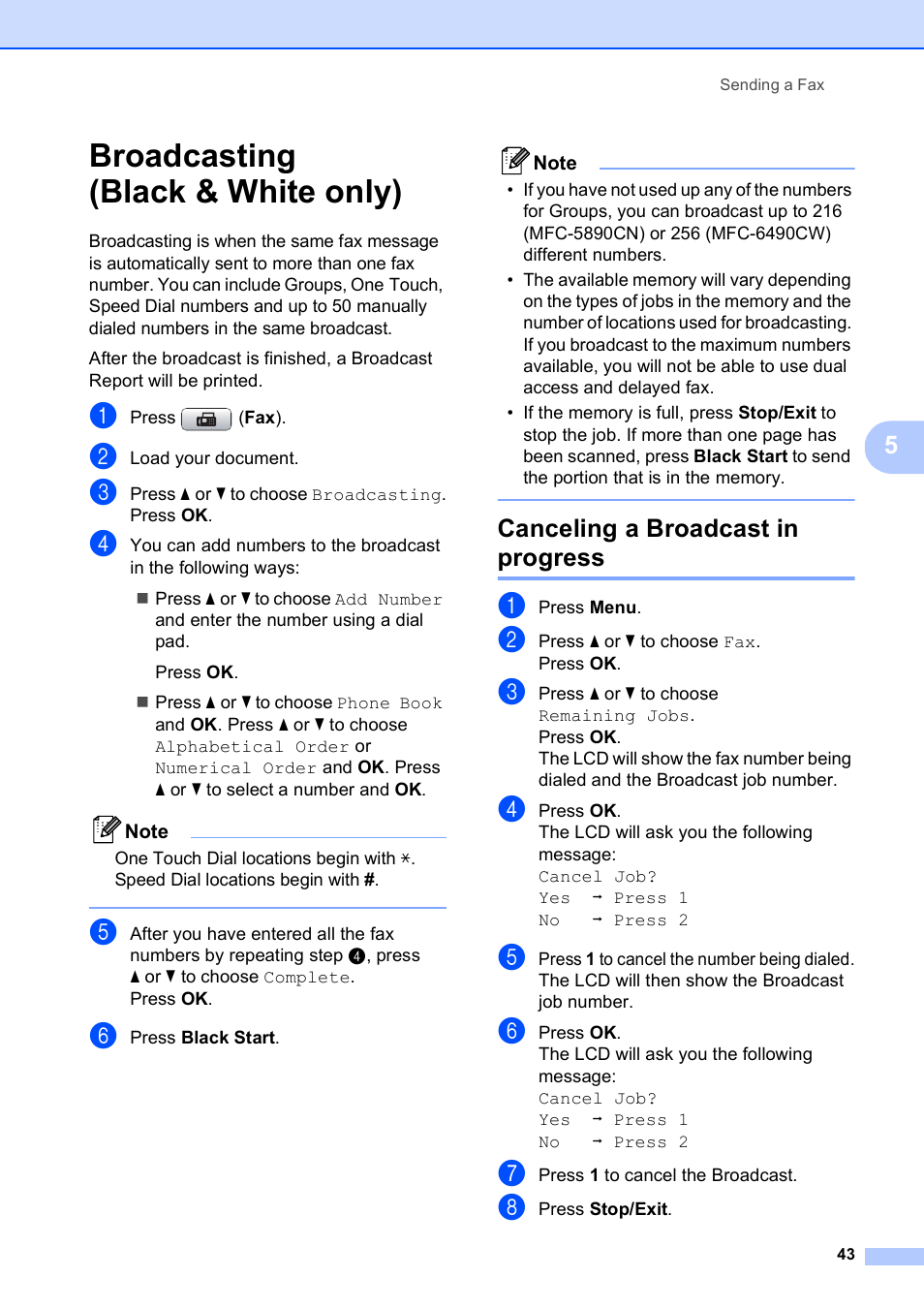 Broadcasting (black & white only), Canceling a broadcast in progress | Brother MFC-5890CN User Manual | Page 59 / 247