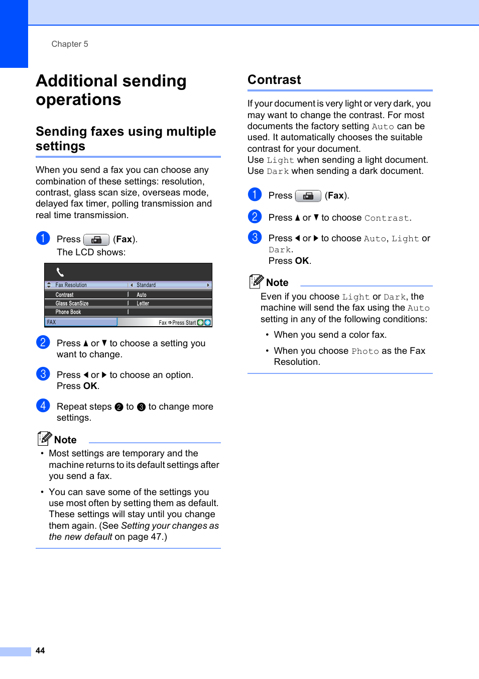 Additional sending operations, Sending faxes using multiple settings, Contrast | Sending faxes using multiple settings contrast | Brother MFC-5890CN User Manual | Page 60 / 247