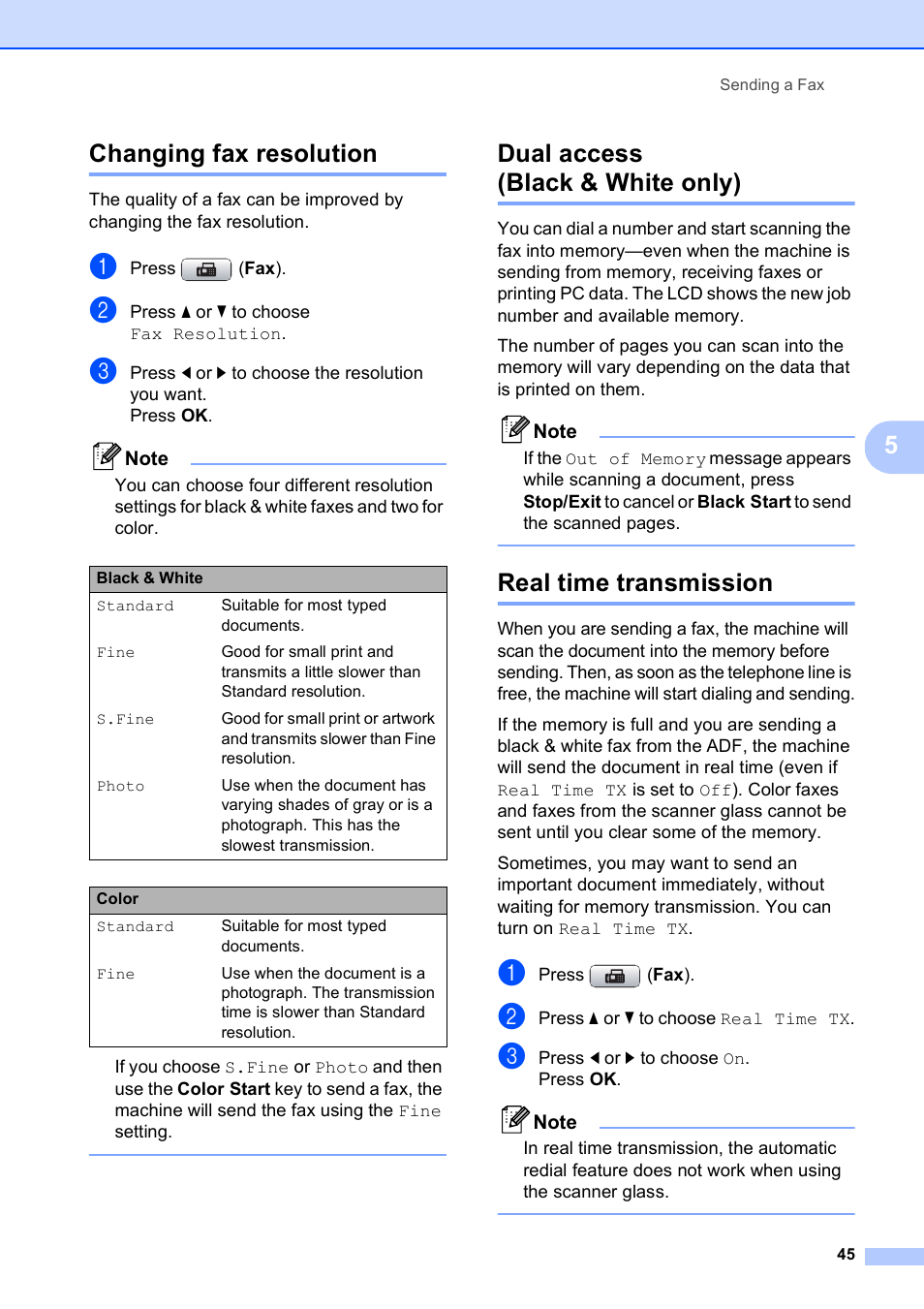 Changing fax resolution, Dual access (black & white only), Real time transmission | 5changing fax resolution | Brother MFC-5890CN User Manual | Page 61 / 247