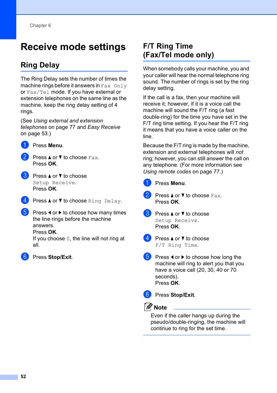 Receive mode settings, Ring delay, F/t ring time (fax/tel mode only) | Ring delay f/t ring time (fax/tel mode only) | Brother MFC-5890CN User Manual | Page 68 / 247