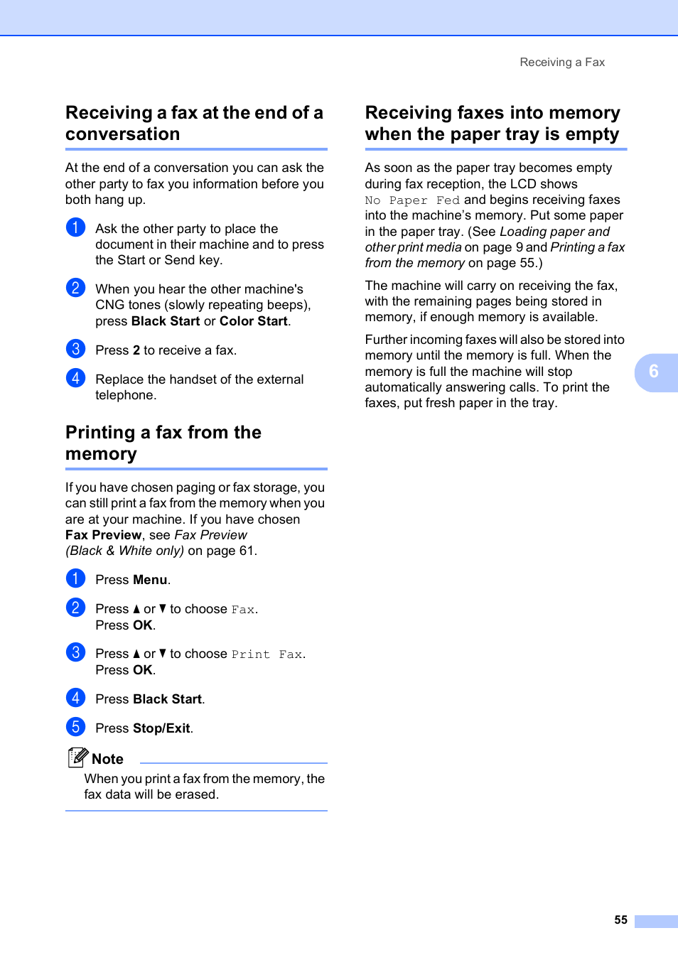 Receiving a fax at the end of a conversation, Printing a fax from the memory, 6receiving a fax at the end of a conversation | Brother MFC-5890CN User Manual | Page 71 / 247