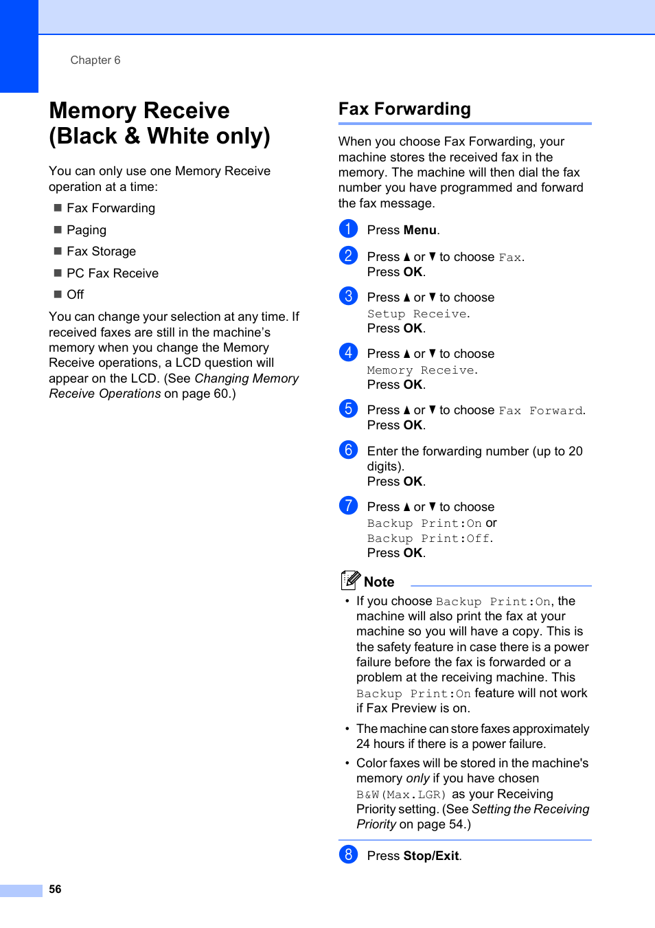 Memory receive (black & white only), Fax forwarding | Brother MFC-5890CN User Manual | Page 72 / 247