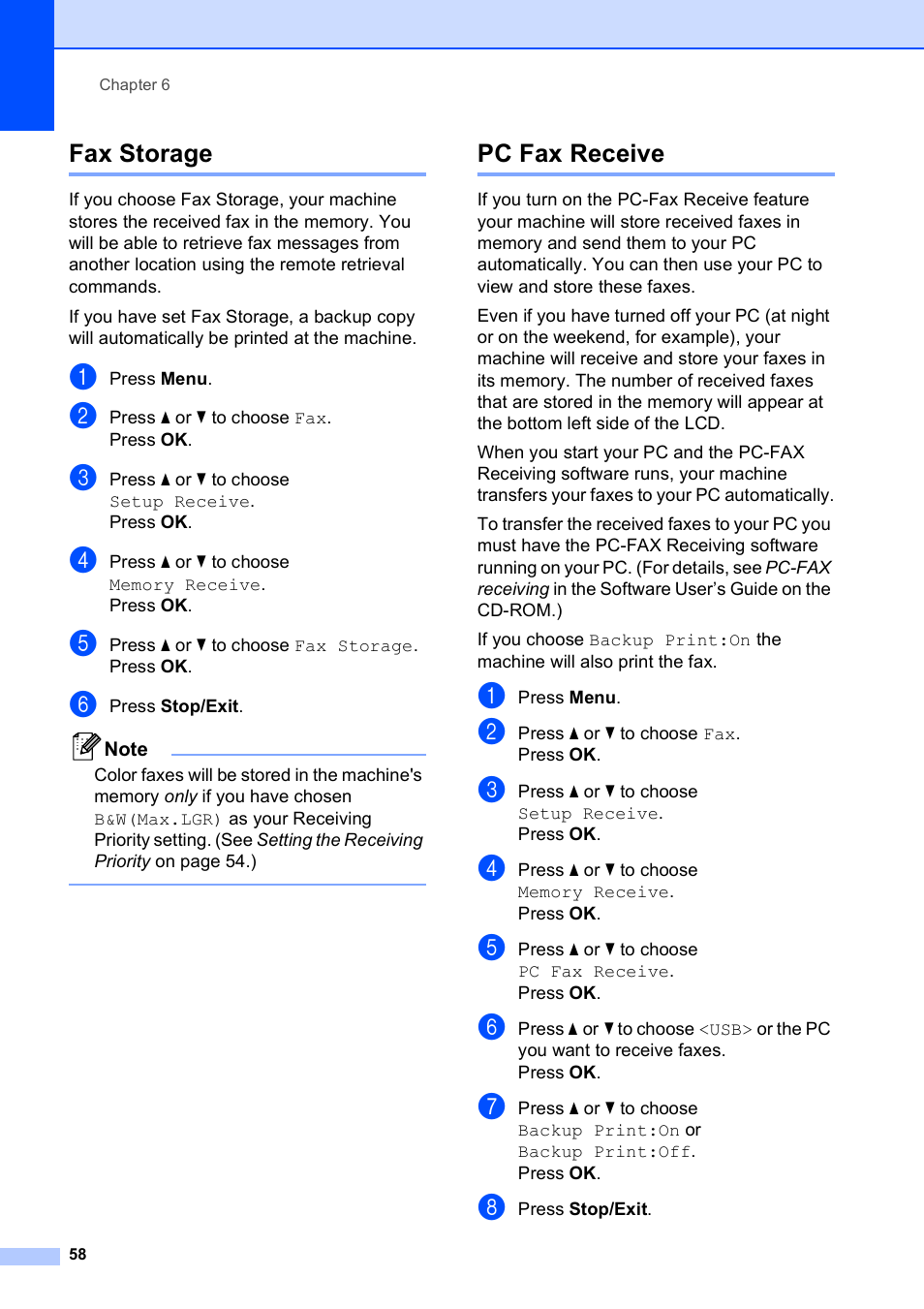 Fax storage, Pc fax receive, Fax storage pc fax receive | Brother MFC-5890CN User Manual | Page 74 / 247