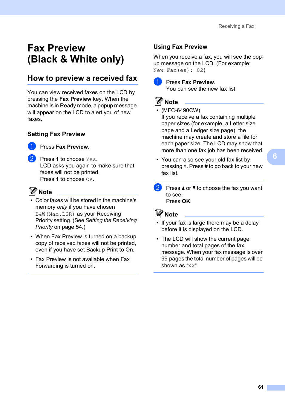 Fax preview (black & white only), How to preview a received fax, Setting fax preview | Using fax preview | Brother MFC-5890CN User Manual | Page 77 / 247