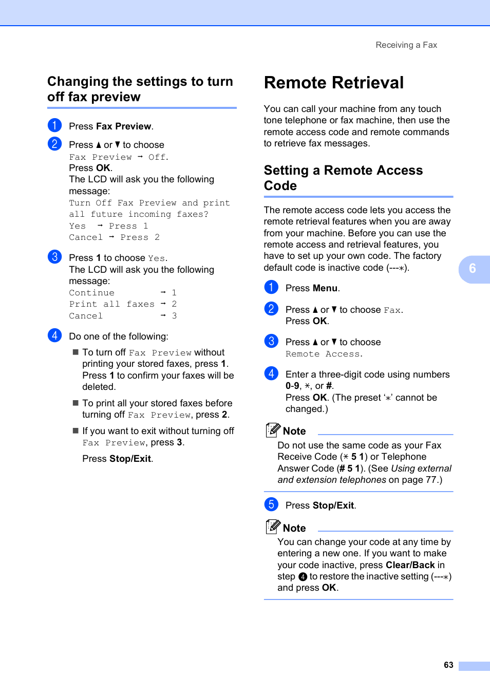 Changing the settings to turn off fax preview, Remote retrieval, Setting a remote access code | 6changing the settings to turn off fax preview | Brother MFC-5890CN User Manual | Page 79 / 247