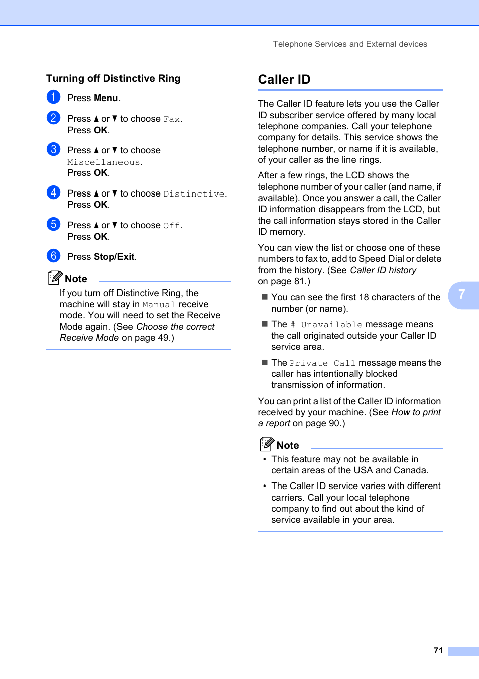 Turning off distinctive ring, Caller id | Brother MFC-5890CN User Manual | Page 87 / 247