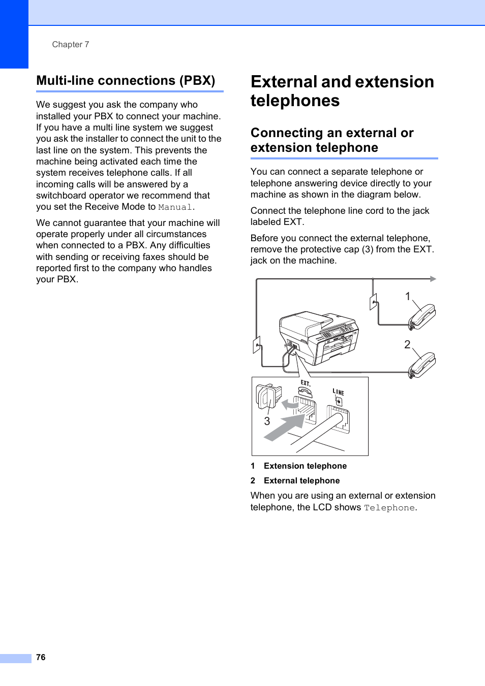 Multi-line connections (pbx), External and extension telephones, Connecting an external or extension telephone | Brother MFC-5890CN User Manual | Page 92 / 247